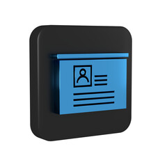 Blue Board with resume icon isolated on transparent background. CV application. Searching professional staff. Analyzing personnel resume. Black square button.