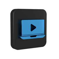 Blue Online play video icon isolated on transparent background. Laptop and film strip with play sign. Black square button.