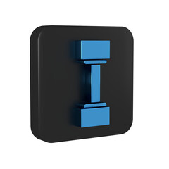 Blue Dumbbell icon isolated on transparent background. Muscle lifting icon, fitness barbell, gym icon, sports equipment symbol, exercise bumbbell. Black square button.