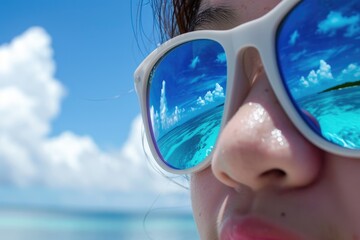 Young woman in mirrored sunglasses reflecting transparent ocean, blue sky, palm trees of tropical island. Concept of summer vacation, tourism, travel.