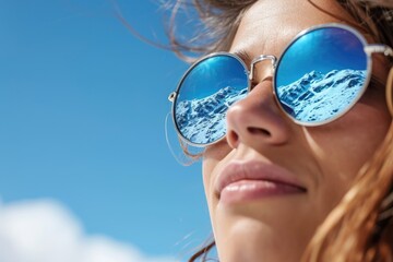 Young woman wearing mirrored sunglasses reflecting snowy mountains and blue sky. The concept of winter recreation, tourism, travel, extreme sports.