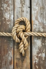 Fototapeta na wymiar A knot of nautical rope on the wooden deck of a ship. An old mooring rope is tangled into a secure knot.