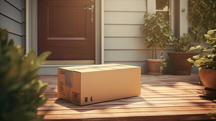 Home delivery. delivering brown cardboard box to front door. shopping online