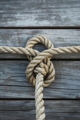 Fototapeta na wymiar A knot of nautical rope on the wooden deck of a ship. An old mooring rope is tangled into a secure knot.