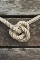 Obraz premium A knot of nautical rope on the wooden deck of a ship. An old mooring rope is tangled into a secure knot.