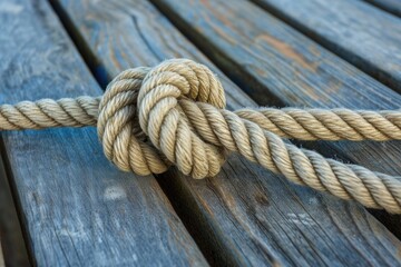 Fototapeta na wymiar A knot of nautical rope on the wooden deck of a ship. An old mooring rope is tangled into a secure knot.