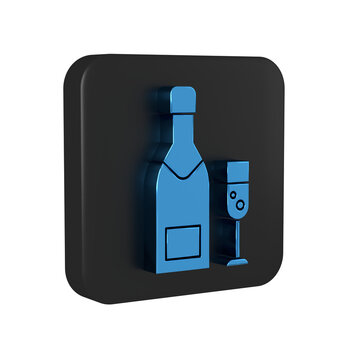 Blue Champagne bottle and glass of champagne icon isolated on transparent background. Merry Christmas and Happy New Year. Black square button.