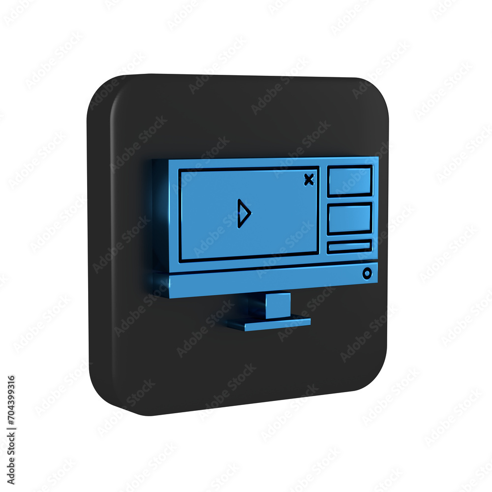 Poster blue video recorder or editor software on computer monitor icon isolated on transparent background. 