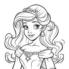 Cartoon princess coloring page in silhouette. Vector illustration.