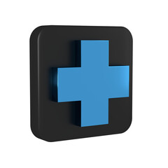 Obraz premium Blue Cross hospital medical icon isolated on transparent background. First aid. Diagnostics symbol. Medicine and pharmacy sign. Black square button.