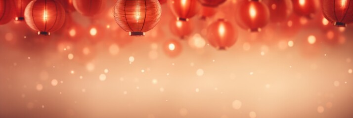 Chinese New Year background with sky lanterns, holiday decoration background - obrazy, fototapety, plakaty