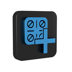 Blue Pills in blister pack icon isolated on transparent background. Medical drug package for tablet, vitamin, antibiotic, aspirin. Black square button.