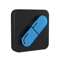 Blue Medicine pill or tablet icon isolated on transparent background. Capsule pill and drug sign. Pharmacy design. Black square button.