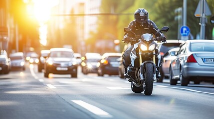 A motorcyclist on a bike overcomes urban challenges and obstacles, showcasing their skills and style. Excitement and energy of their urban ride, surrounded by bustling city streets.