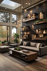 Luxurious living room with dark shelving, hanging lights, and expansive windows