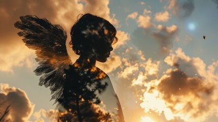silhouette  of Child with wings in double exposure of clouds
