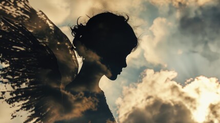 silhouette  of Child with wings in double exposure of clouds
