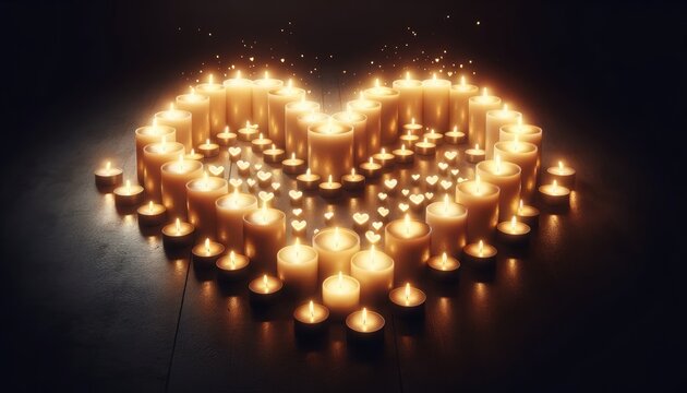 A romantic and serene Valentine's Day image, featuring a heart-shaped candlelight arrangement
