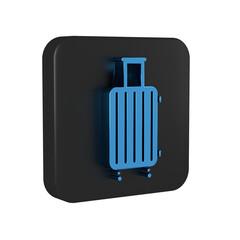 Blue Suitcase for travel icon isolated on transparent background. Traveling baggage sign. Travel luggage icon. Black square button.