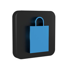 Blue Paper shopping bag icon isolated on transparent background. Package sign. Black square button.