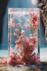 ethereal goddess in a crystal prison surrounded by cherry blossoms