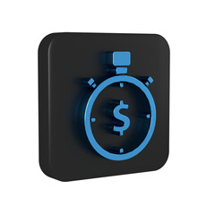 Blue Time is money icon isolated on transparent background. Money is time. Effective time management. Convert time to money. Stopwatch sign. Black square button.