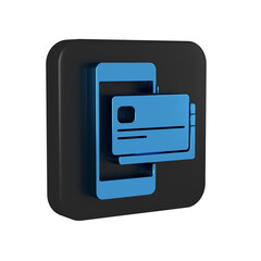 Blue Mobile phone and credit card icon isolated on transparent background. Smartphone online payment concept. NFC payment. Transfer icon. Black square button.