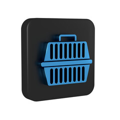 Blue Pet carry case icon isolated on transparent background. Carrier for animals, dog and cat. Container for animals. Animal transport box. Black square button.