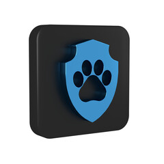 Blue Animal health insurance icon isolated on transparent background. Pet protection icon. Dog or cat paw print. Black square button.