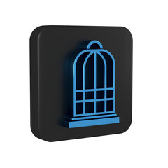 Blue Cage for birds icon isolated on transparent background. Black square button.