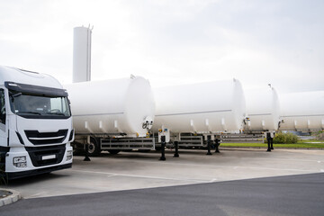 Tank trailers stand in a row. LPG transportation.
