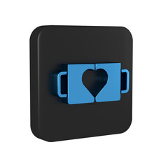 Blue Two coffee cup and heart icon isolated on transparent background. Couple coffee for lovers on Valentines Day. Black square button.