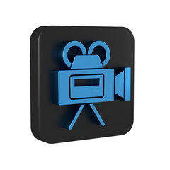 Obraz premium Blue Cinema camera icon isolated on transparent background. Video camera. Movie sign. Film projector. Black square button.