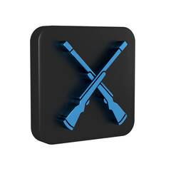 Blue Two crossed shotguns icon isolated on transparent background. Hunting gun. Black square button.