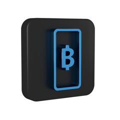 Blue Phone mobile and cryptocurrency coin Bitcoin icon isolated on transparent background. Physical bit coin. Blockchain based secure crypto currency. Black square button.