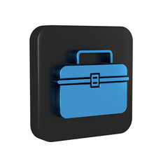 Blue Case or box container for wobbler and gear fishing equipment icon isolated on transparent background. Fishing tackle. Black square button.