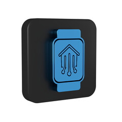 Blue Smart home with smart watch icon isolated on transparent background. Remote control. Black square button.