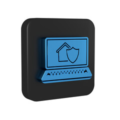 Obraz premium Blue Laptop with house under protection icon isolated on transparent background. Protection, safety, security, protect, defense concept. Black square button.