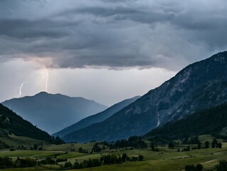 Obraz premium threatening cloudy sky with flashes and lightning in the mountains-