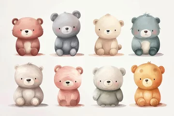 Tuinposter Very childish cute kawaii bear clipart, organic forms with desaturated light and airy pastel color palette. Great as nursery art with white background. © Merilno