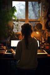 Woman working on music production in home studio - obrazy, fototapety, plakaty