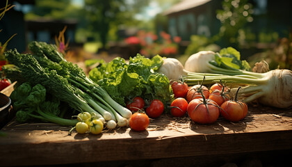 fresh vegetables on a wooden table in the garden against a background of greenery.