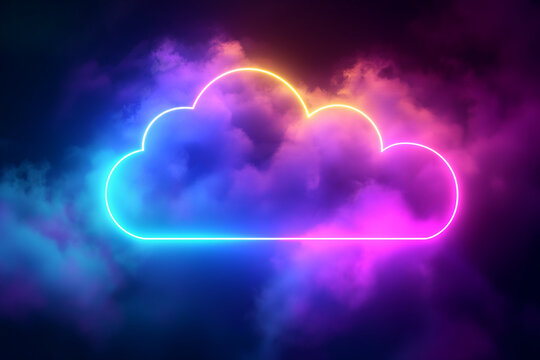 3D render: Abstract clouds illuminated with neon light cloud icon in the dark night sky. Glowing neon line cloud with copy space.