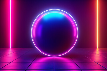 Blue, pink, and yellow illuminated round frame. Abstract cosmic vibrant color circle backdrop. A collection of glowing neon lighting on a dark background with copy space. Top-view futuristic style.