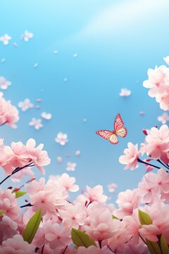 Blue butterfly and pink cherry blossom