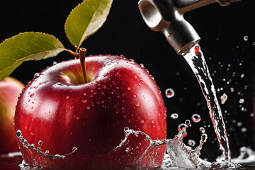 Farm to Table. Close-Up of Freshly Picked red apple. splash of water