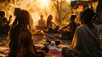 a group meditation session amidst a rave, individuals adorned in hippie clothing and rasta...