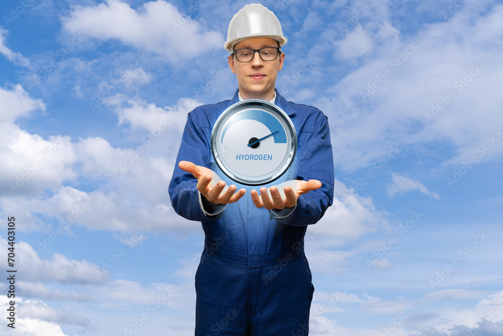 Poster engineer is holding gauge with symbol of hydrogen h2.