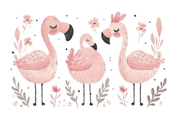 Very childish cute kawaii flamingo clipart vector, organic forms with desaturated light and airy pastel color palette. Great as nursery art with white background. - obrazy, fototapety, plakaty