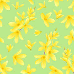 Yellow flowers on green background. Floral seamless pattern. Vector cartoon flat illustration.
